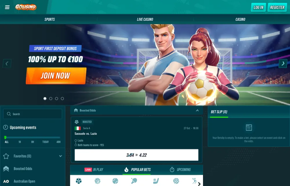 Golisimo English homepage showing the sports first deposit bonus carousel