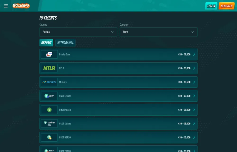 Golisimo payments page showing deposit methods and limits