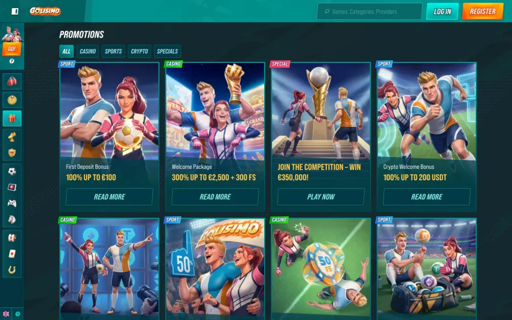 Golisimo promotions page listing casino and sport bonuses